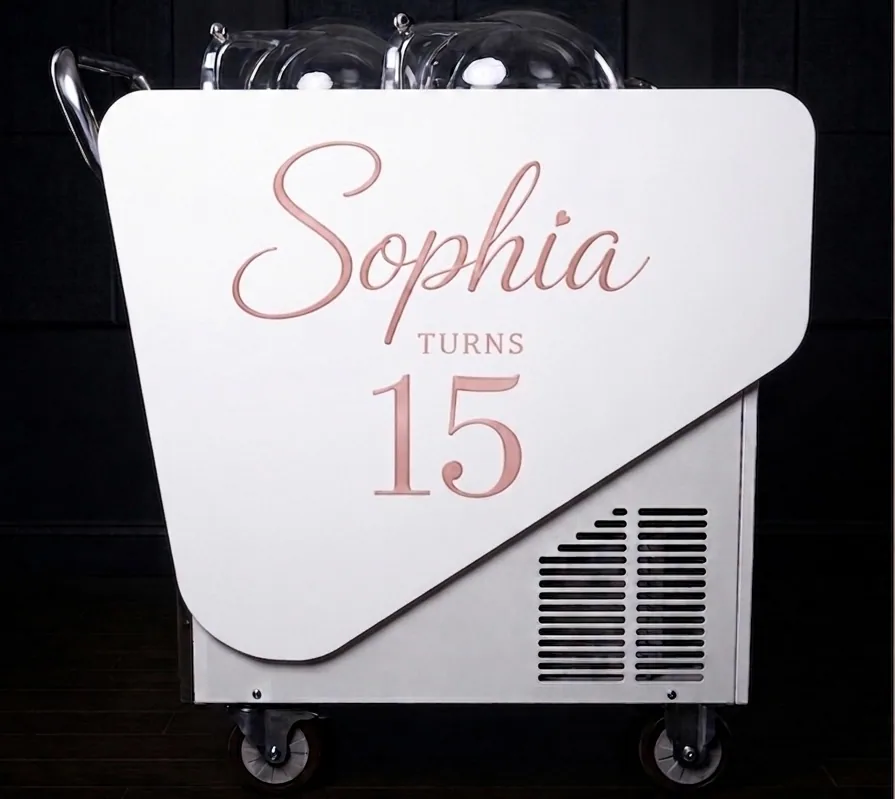 The Affogato Cart side panel with a personal celebration design