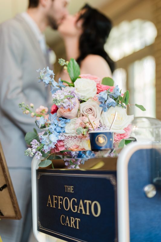 A bridal bouquet resting on the cart