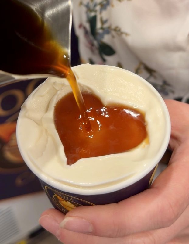 Espresso-style coffee poured into vanilla gelato for a Love Affogato